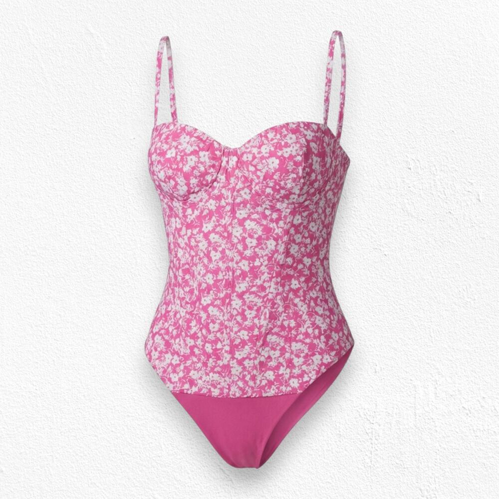 Zara Pink Floral Corset Spaghetti Strap Sweetheart Neckline Bodysuit Size Small